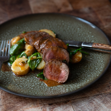 Pan Seared Springbok loin with baby potatoes