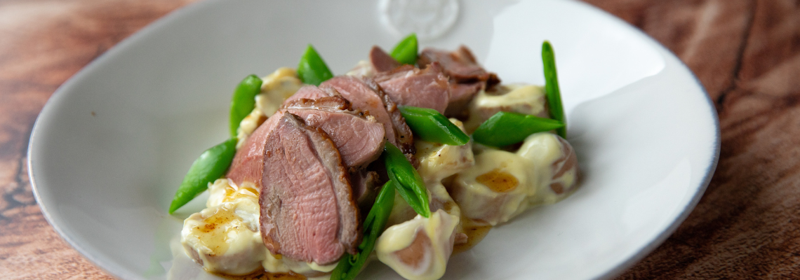 Pan fried duck breast with mange tout